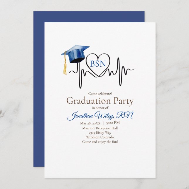 Heartbeat and Blue Graduation Cap Invitation (Front/Back)