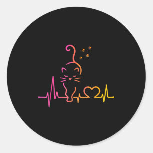 Heartbeat Cat Lover Animal Silhouette Cute Cat Classic Round Sticker