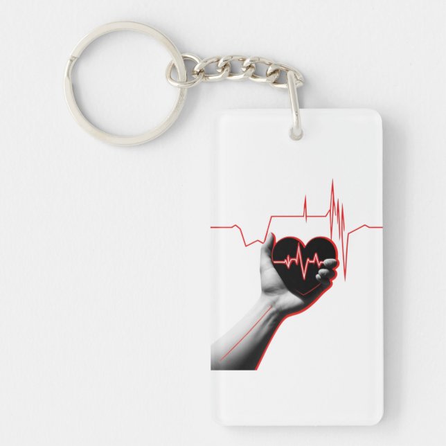 Heartbeat Love Design – Hand Holding Heart  Key Ring (Front)