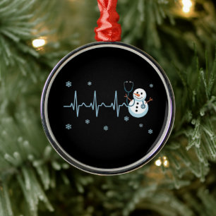 Heartbeat Nurse Snowman Christmas Metal Ornament