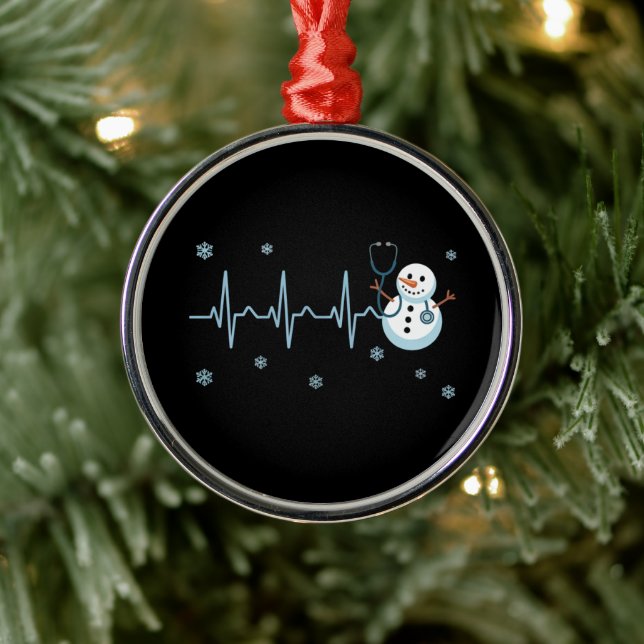Heartbeat Nurse Snowman Christmas  Metal Ornament (Tree)