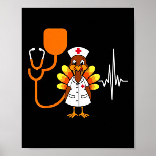 Heartbeat Turkey Nurse Thanksgiving Scrub Top Fall Poster