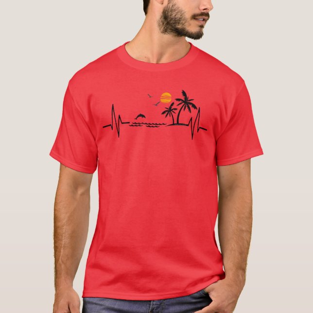 Heartbeat with Tropical Palm Trees Beach Island an T-Shirt (Front)
