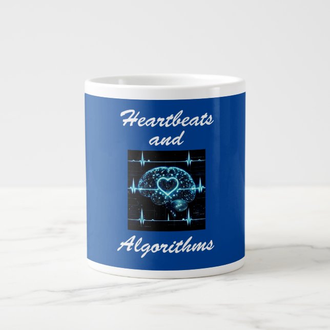 “Heartbeats and Algorithms” futuristic love Large Coffee Mug (Front)