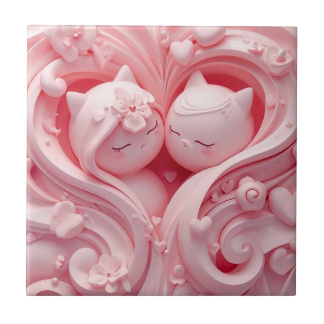 Heartbound Cats in Pastel Pink Ceramic Tile (Front)