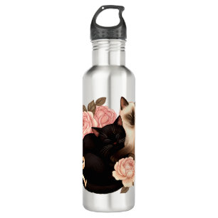 Heartbound: Siamese & Black Cats in Bloom 710 Ml Water Bottle