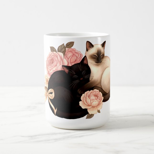 Heartbound: Siamese & Black Cats in Bloom Coffee Mug (Center)