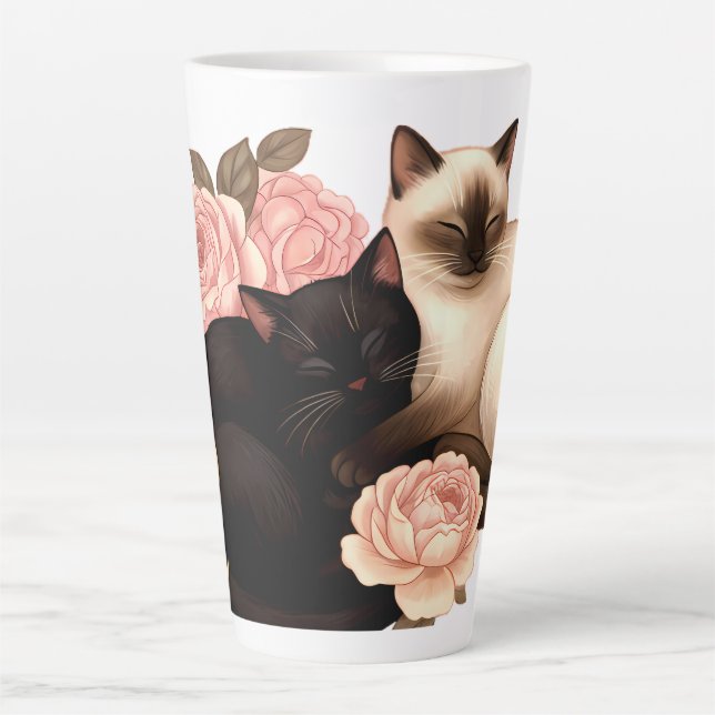 Heartbound: Siamese & Black Cats in Bloom Latte Mug (Front)
