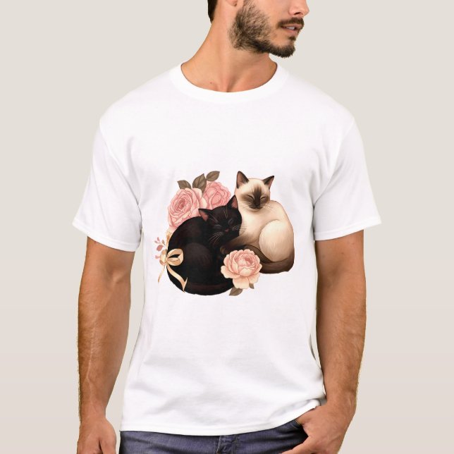 Heartbound: Siamese & Black Cats in Bloom T-Shirt (Front)