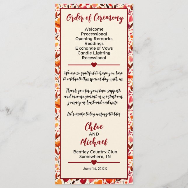 Heartfelt Blooms Wedding Program (Front)