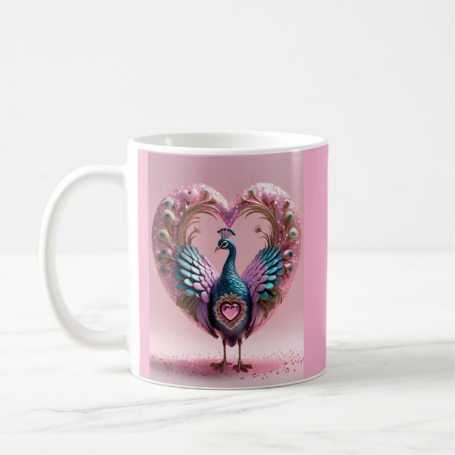 "Heartfelt Elegance: Pink Peacock Mug" Coffee Mug (Left)