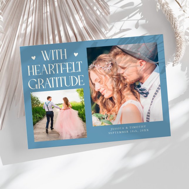 Heartfelt Gratitude Denim Blue Wedding Photo   Thank You Card (Creator Uploaded)
