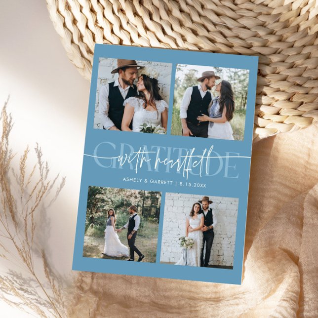 Heartfelt Gratitude Wedding Multi Photo Denim Blue Thank You Card (Creator Uploaded)