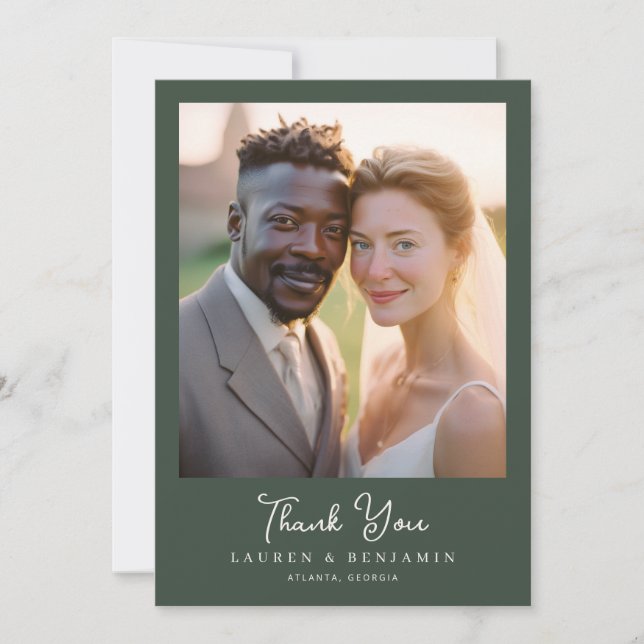 Heartfelt Green Elegant Photo Thank You Card (Front)