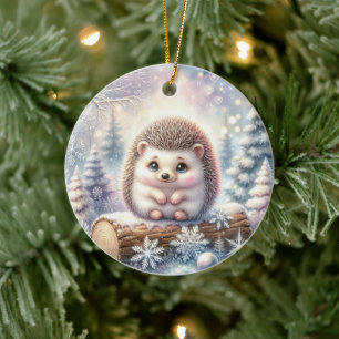 Heartfelt Hedgehog in a Snowy Forest Ceramic Ornament