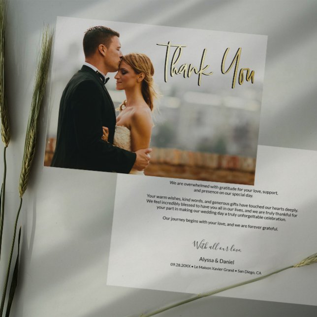 Heartfelt message custom wedding photo Thank you Foil Holiday Card (Gold Foil photo wedding thank you card with customizable message)