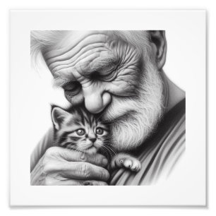 Heartfelt Moments Old Man and Kitten Close-Up Art Photo Print