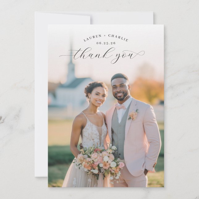 Heartfelt Pink Wedding Photo Thank You Card (Front)