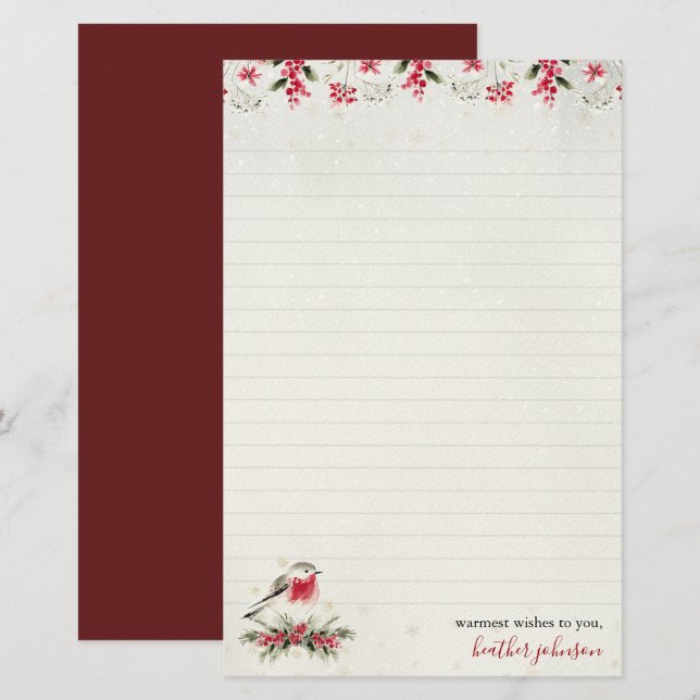Hearthlight Notes Winter Robin Bird Personalised Stationery (Front/Back)