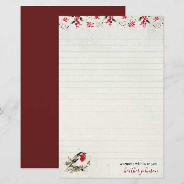 Hearthlight Notes Winter Robin Bird Personalised Stationery (Front/Back)