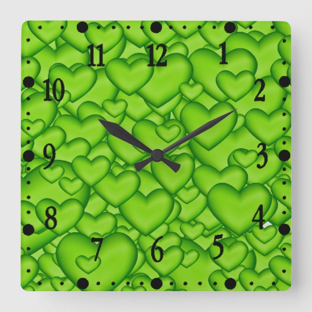 Hearts 3D Texture Green Pattern-68689 Square Wall Clock (Front)