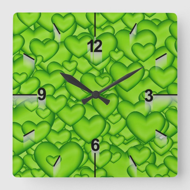 Hearts 3D Texture Green Pattern-68689 Square Wall Clock (Front)