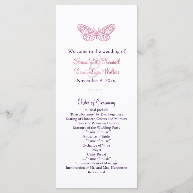 Heart's a Flutter Wedding Program in pink (Front)