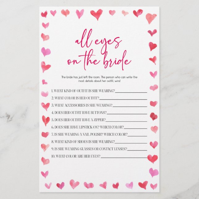 Hearts All Eyes On The Bride Bridal Shower Game  Stationery (Front)