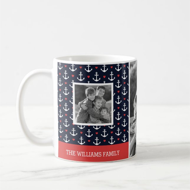 Hearts & Anchors Pattern | Family Photo | Monogram Coffee Mug (Left)