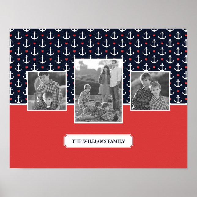 Hearts & Anchors Pattern | Family Photo | Monogram Poster (Front)
