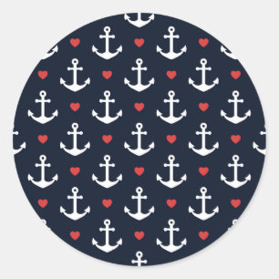 Hearts And Anchors Pattern Classic Round Sticker