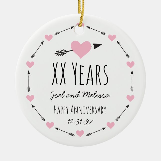 Hearts and Arrows Personalised Wedding Anniversary Ceramic Ornament (Front)