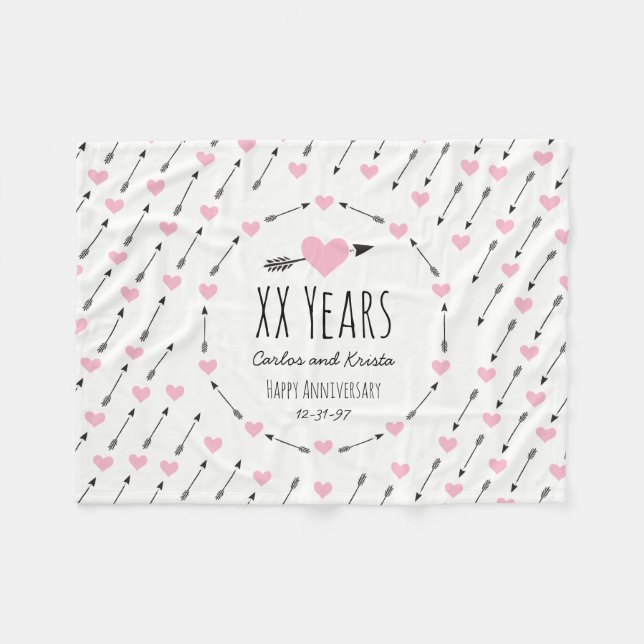 Hearts and Arrows Personalised Wedding Anniversary Fleece Blanket (Front (Horizontal))