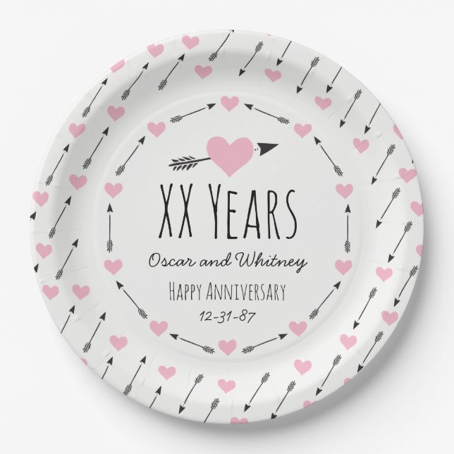 Hearts and Arrows Personalised Wedding Anniversary Paper Plate (Front)