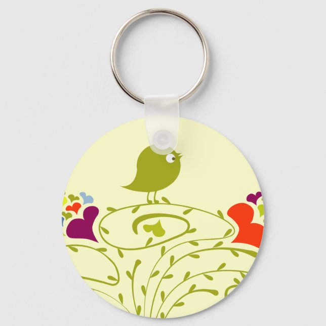 Hearts And Birdie On A Cute Tree Key Ring (Front)