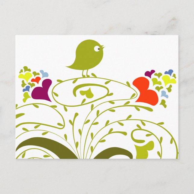 Hearts And Birdie On A Cute Tree Postcard (Front)