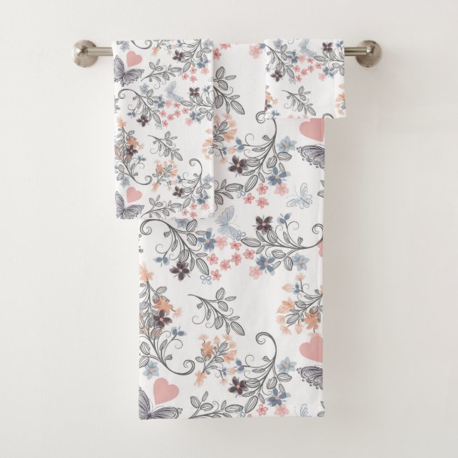 Hearts And Butterflies Floral  Bath Towel Set (Insitu)