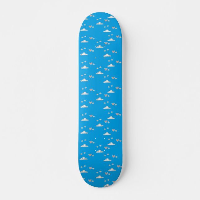Hearts and clouds on blue  skateboard (Front)