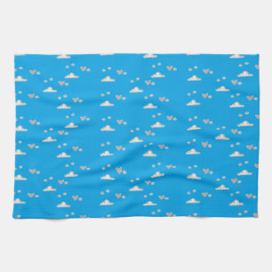 Hearts and clouds on blue tea towel