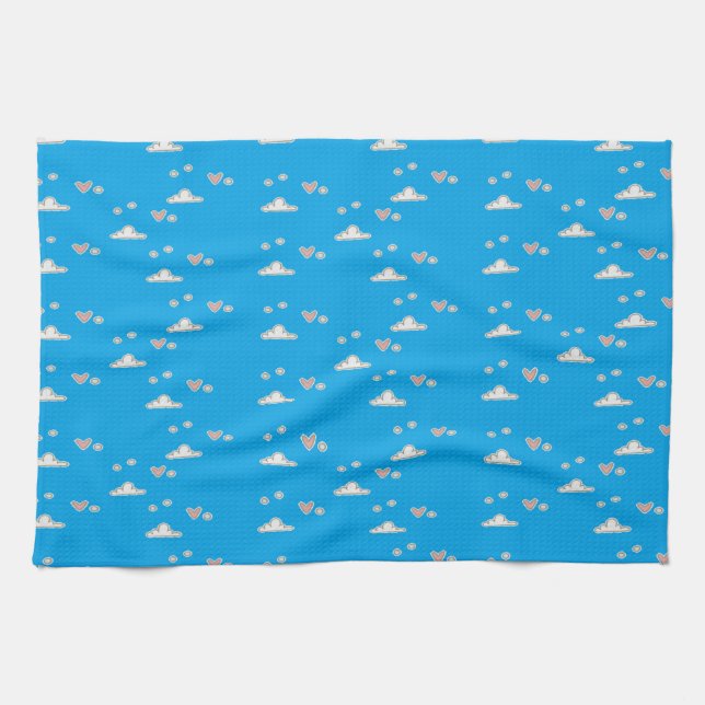 Hearts and clouds on blue  tea towel (Horizontal)