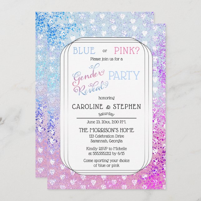 Hearts and Confetti Pink Blue Gender Reveal Party Invitation (Front/Back)