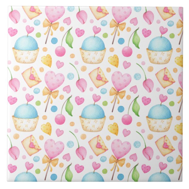 Hearts and Cupcakes Delightful Watercolor Pattern Ceramic Tile (Front)