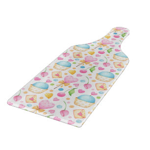 Hearts and Cupcakes Delightful Watercolor Pattern Cutting Board