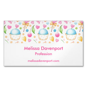 Hearts and Cupcakes Delightful Watercolor Pattern Magnetic Business Card