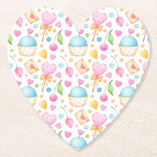 Hearts and Cupcakes Delightful Watercolor Pattern Paper Coaster (Front)