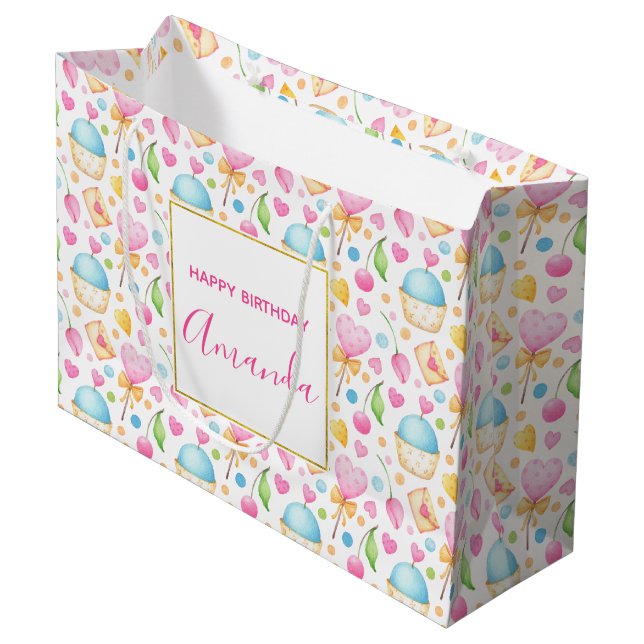 Hearts and Cupcakes Watercolor Pattern Birthday Large Gift Bag (Front Angled)