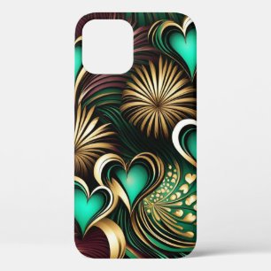 Hearts and Fireworks Burgundy Teal Gold iPhone 12 Case