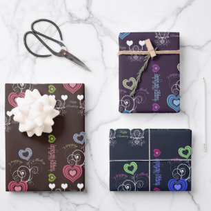 Hearts and Floral Birthday Wrapping Paper Sheet