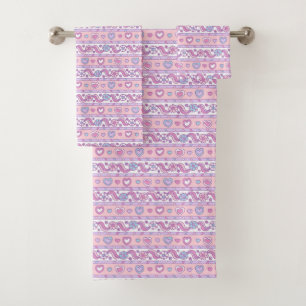 Hearts and flower doodle pattern pink purple bath towel set