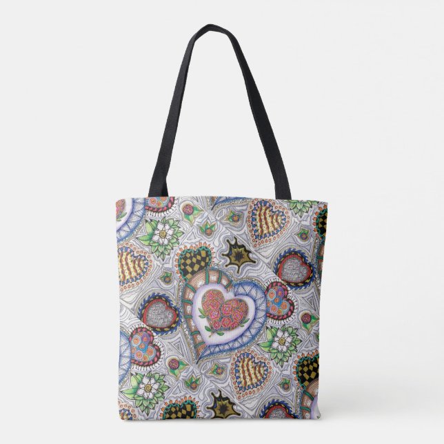 Hearts and Flowers, all over pattern Tote Bag (Back)
